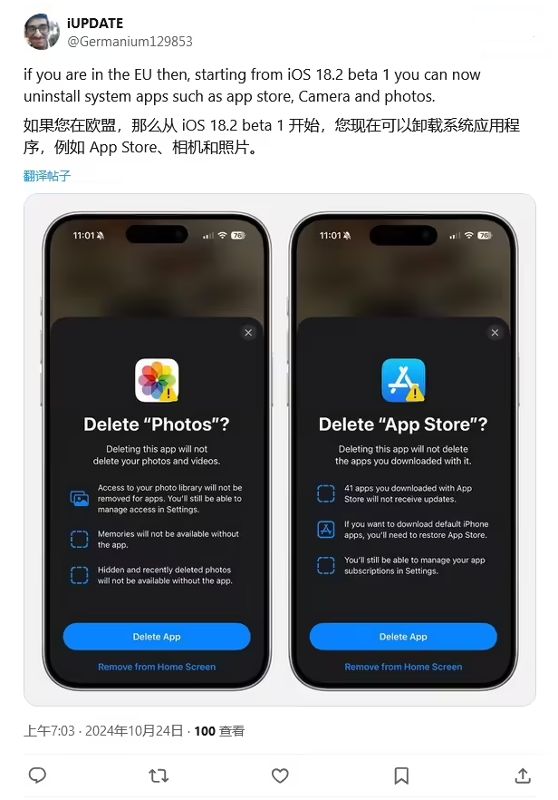 三水苹果手机维修分享iOS 18.2 支持删除 App Store 应用商店 